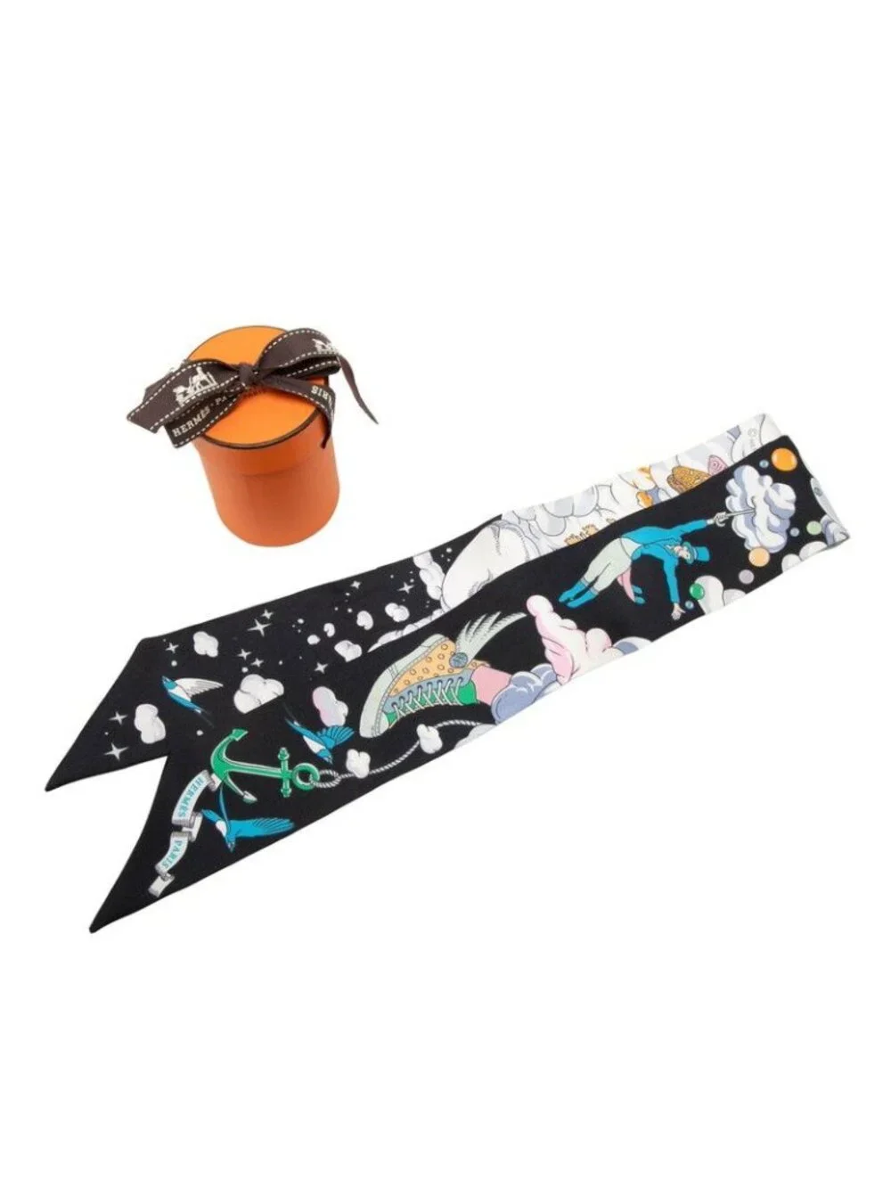 ★SOLD★ Hermes Twilly My Cloud Sur Mon Nuage Scarf New Tag Black Multicolor Silk - Picture 6 of 6